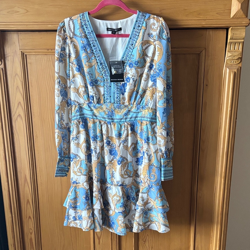 Boston Proper Blue and Gold Long Sleeve Dress